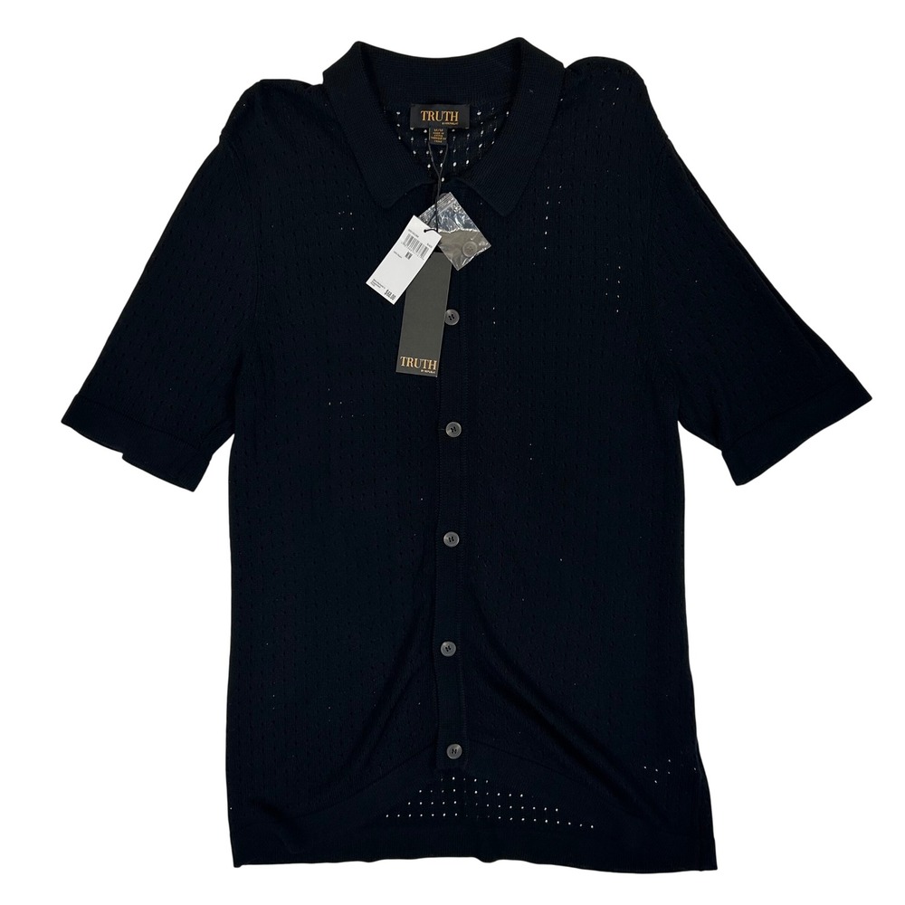 Truth by Republic Mens Black Pointelle Knit Button Up Short Sleeve Polo Sweater